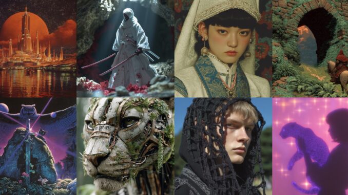 Example images generated by the Midjourney V7 image generation model that has been released in alpha for testing by the AI community.