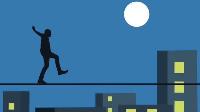 Person walking a tightrope as OpenAI CEO Sam Altman attempts to balance its nonprofit mission amid broader restructuring to attract the colossal funding needed for AGI development.